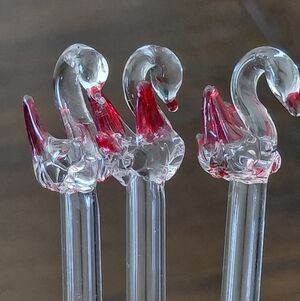 3 Elegant Glass Swan Stirs - Red and Clear